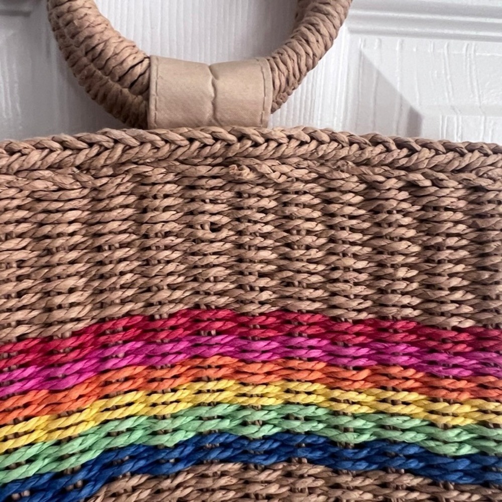 Straw Woven‎ Tote Bag Rainbow Stripe Top Handle Crossbody Purse - Picture 11 of 14
